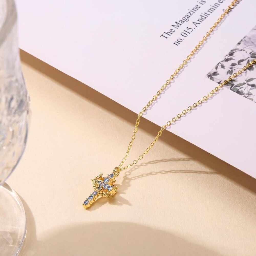 Women M12 Zircon Blue, Dec 14K Gold Plated Crown Cross Necklace - Non-Tarnish - Picture 5 of 7